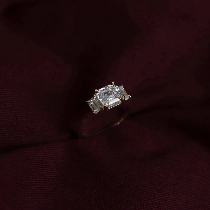 1.50CT Asscher Cut Lab Grown Diamond Three Stone Engagement Rings