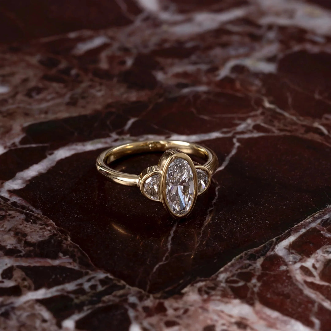 2.0CT Bezel Set Oval Cut Lab Grown Diamond Three Stone Engagement Rings