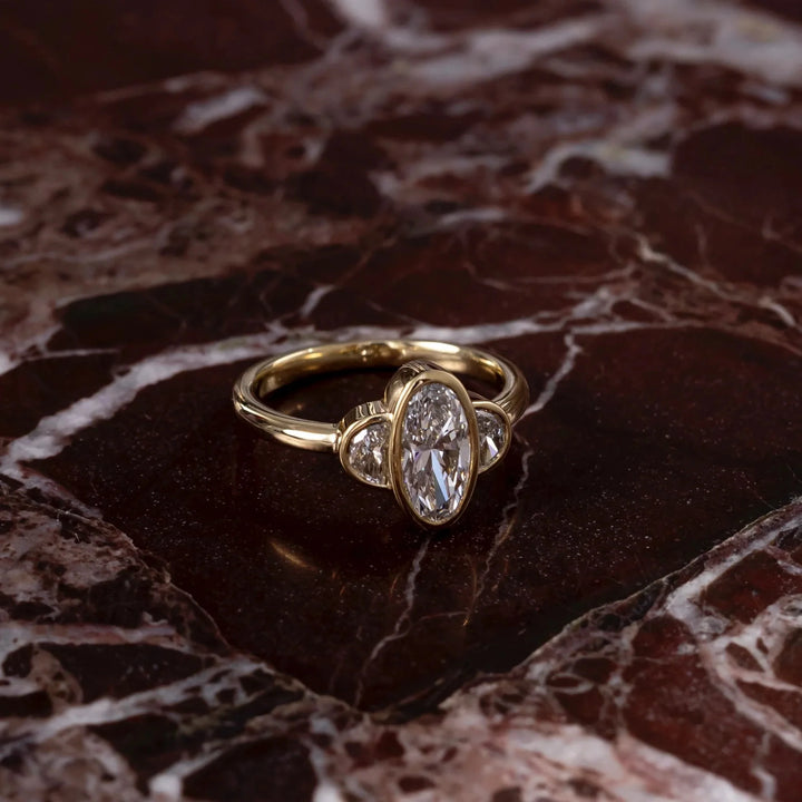 2.0CT Bezel Set Oval Cut Lab Grown Diamond Three Stone Engagement Rings