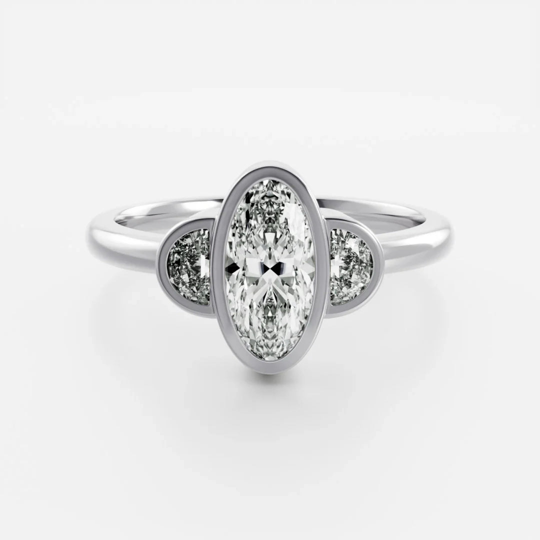 2.0CT Bezel Set Oval Cut Lab Grown Diamond Three Stone Engagement Rings