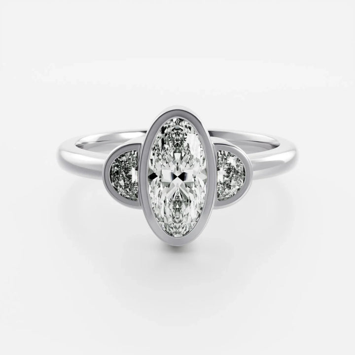 2.0CT Bezel Set Oval Cut Lab Grown Diamond Three Stone Engagement Rings