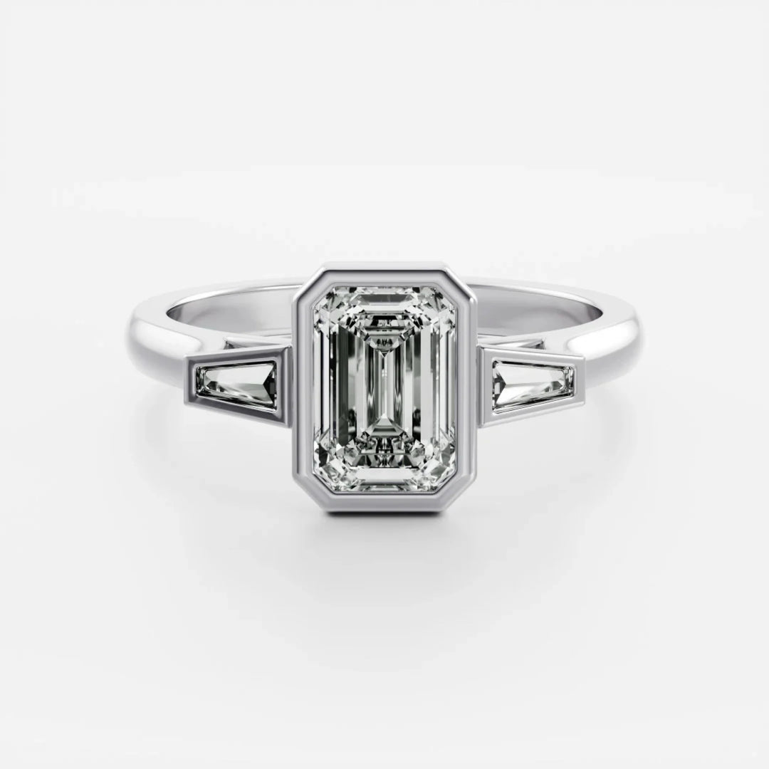 1.50CT Bezel Set Emerald Cut Lab Grown Diamond Three Stone Engagement Rings