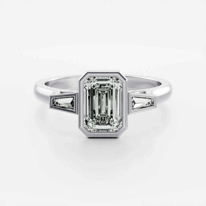 1.50CT Bezel Set Emerald Cut Lab Grown Diamond Three Stone Engagement Rings