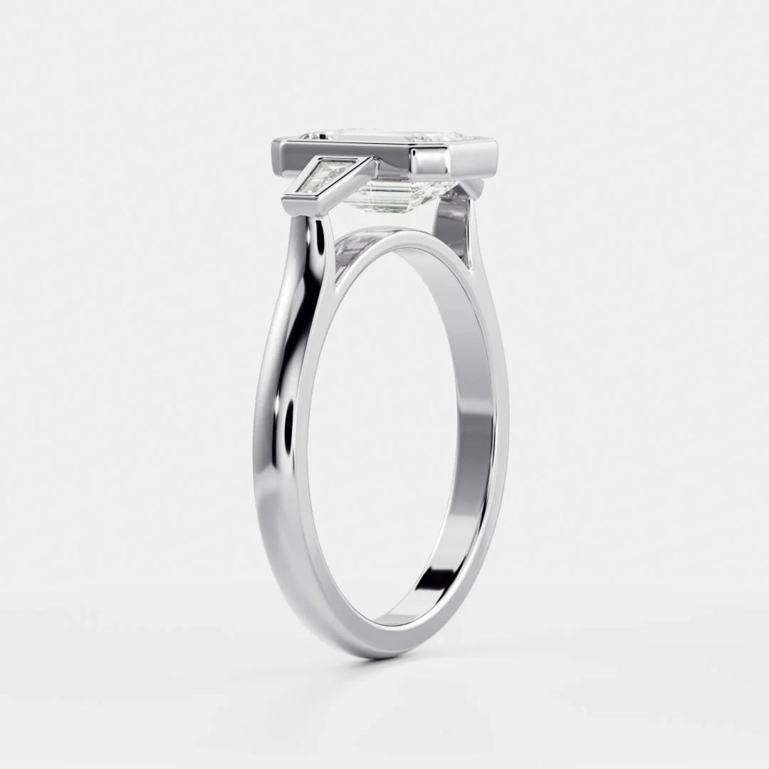 1.50CT Bezel Set Emerald Cut Lab Grown Diamond Three Stone Engagement Rings