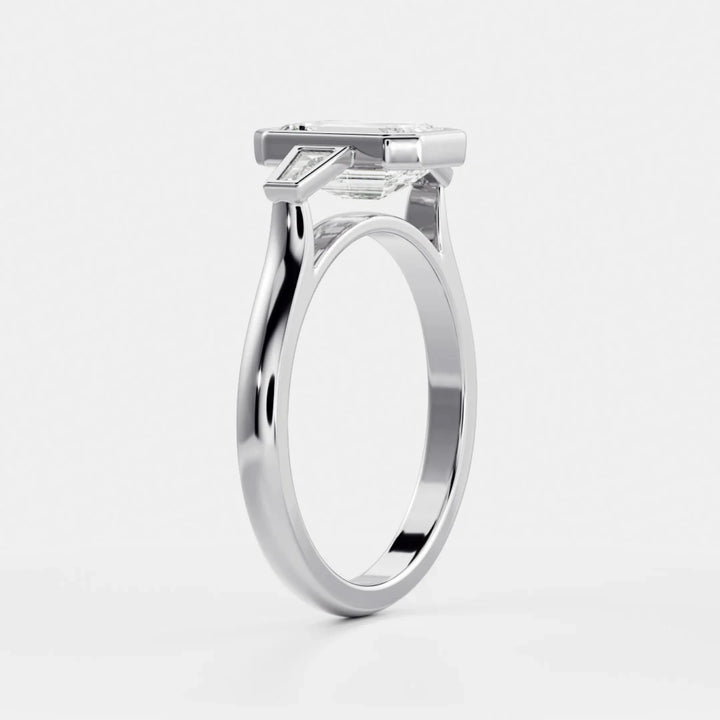 1.50CT Bezel Set Emerald Cut Lab Grown Diamond Three Stone Engagement Rings