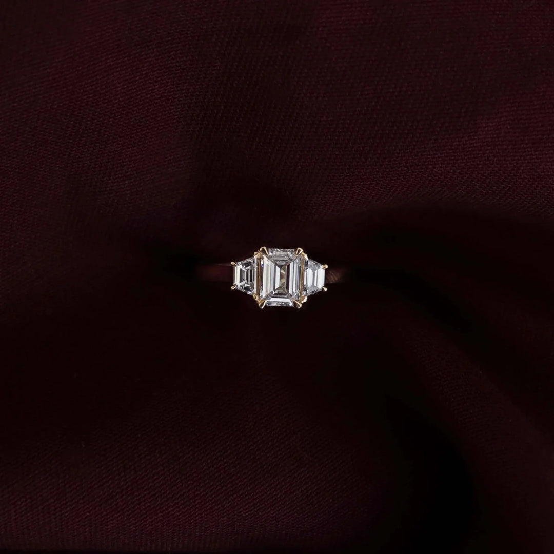 1.50CT Emerald Cut IGI Certified CVD Diamond Three Stone Engagement Rings