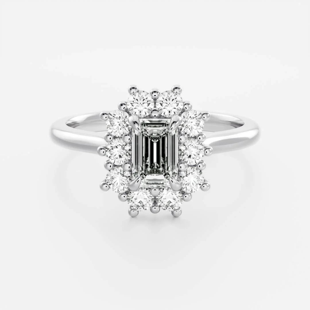 1.0CT Emerald Cut Lab Grown Diamond Halo Cluster Engagement Ring