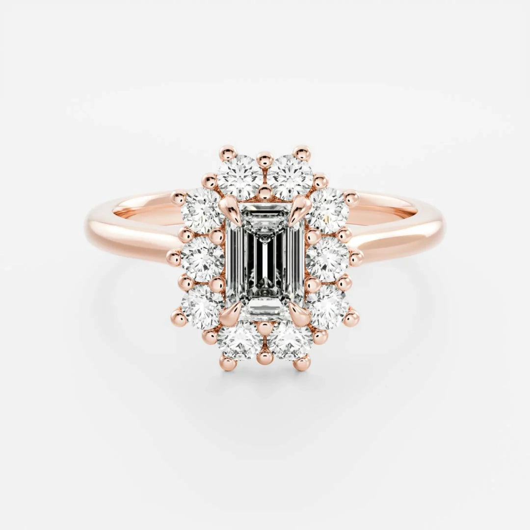 1.0CT Emerald Cut Lab Grown Diamond Halo Cluster Engagement Ring