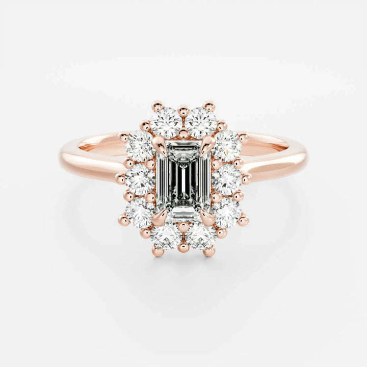 1.0CT Emerald Cut Lab Grown Diamond Halo Cluster Engagement Ring