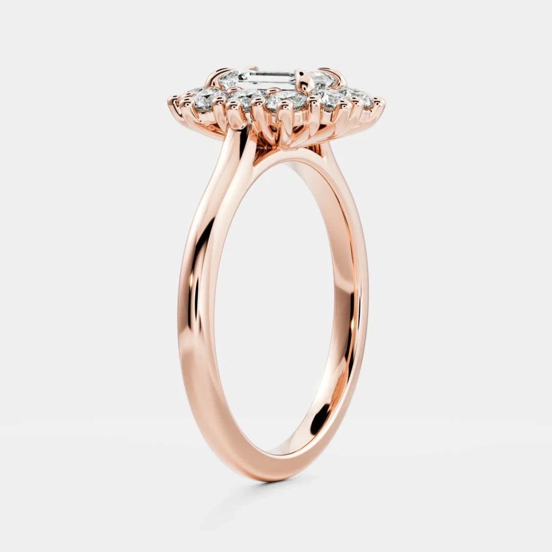 1.0CT Emerald Cut Lab Grown Diamond Halo Cluster Engagement Ring