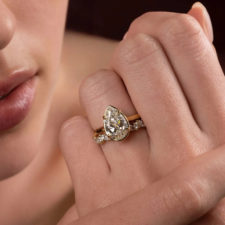 2.0CT Bezel Set Pear Cut Lab Grown Diamond Cathedral Engagement Ring