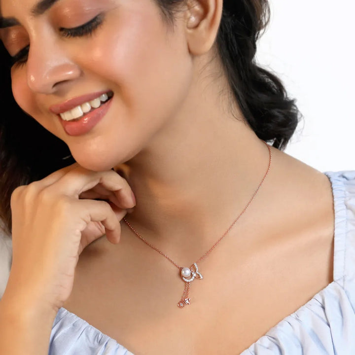 Round Cut Pearl Wings Lariat CVD Diamond Pendant Necklace