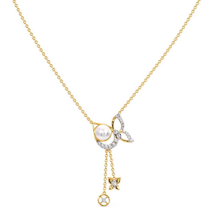 Round Cut Pearl Wings Lariat CVD Diamond Pendant Necklace