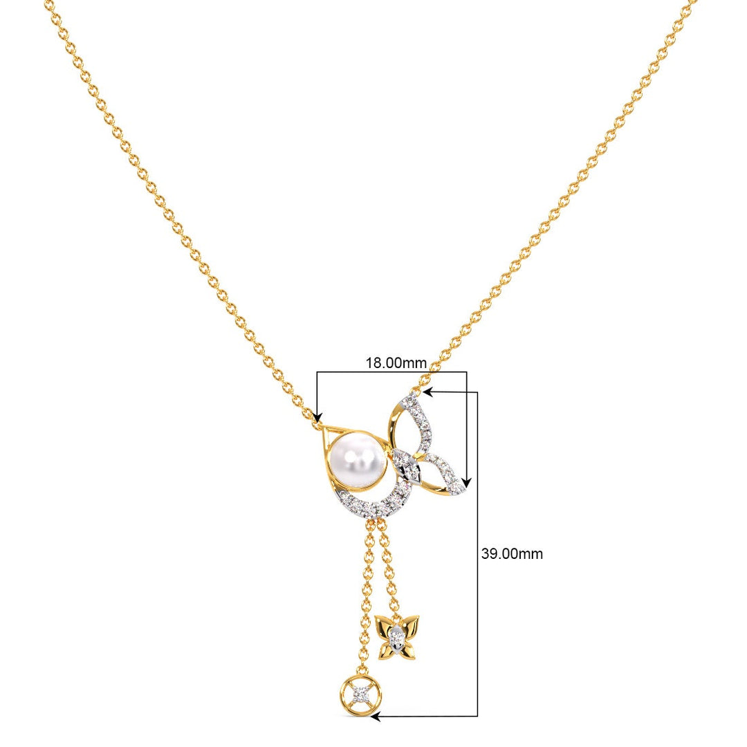 Round Cut Pearl Wings Lariat CVD Diamond Pendant Necklace