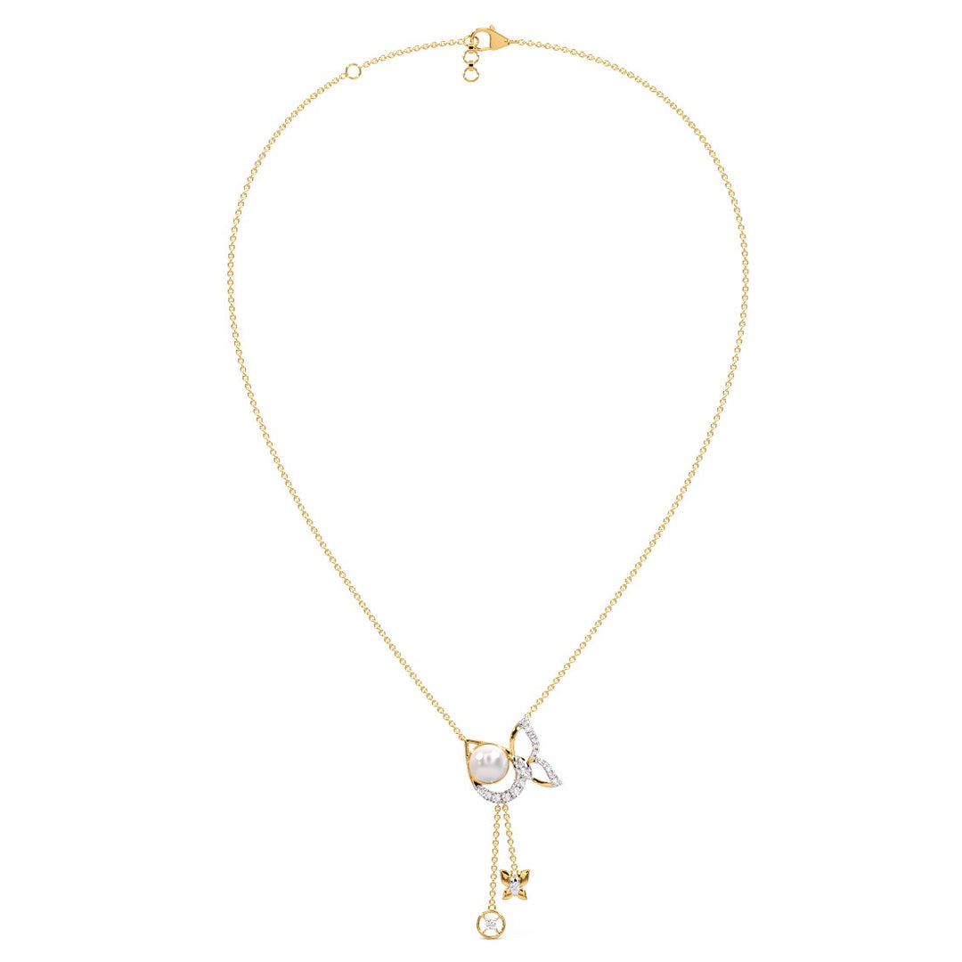 Round Cut Pearl Wings Lariat CVD Diamond Pendant Necklace