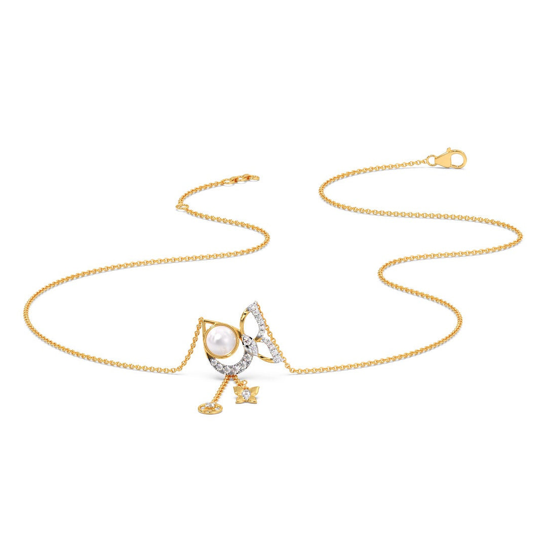 Round Cut Pearl Wings Lariat CVD Diamond Pendant Necklace
