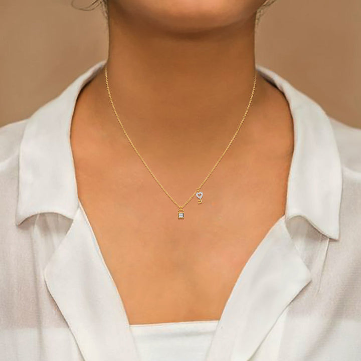 Round Lab Grown Diamond Lock Key Charm Pendant Necklace