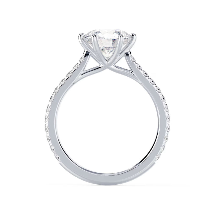 1.5 carat round cut lab diamond six prong cathedral pave engagement ring set in white gold with secure prong brilliance