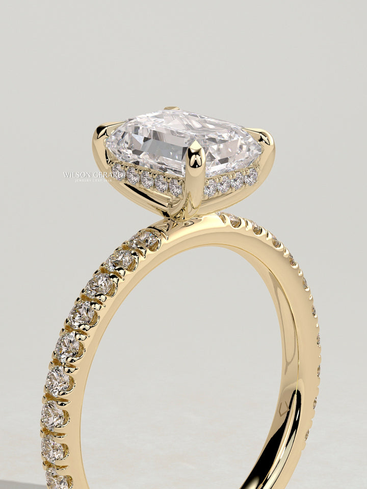hidden halo emerald diamond ring pave band