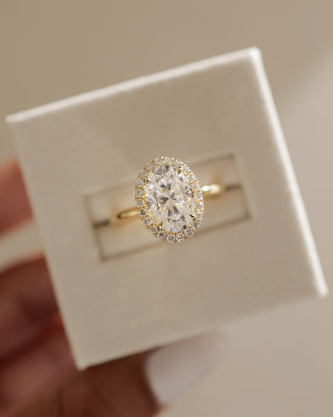 Detailed view of oval halo solitaire engagement ring showing precision setting and brilliant lab grown diamond facets