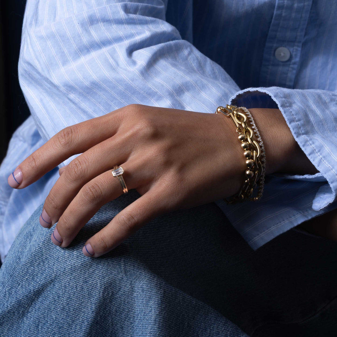 0.75CT Half Bezel Set Emerald Cut E/VS1 Lab Grown Diamond Solitaire Engagement Ring