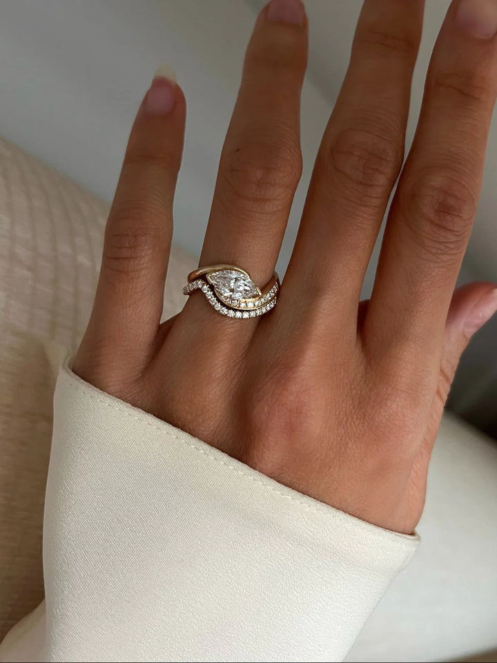 1.0CT-2.0CT Marquise E/VS CVD Diamond By Pass Pave Engagement Ring With Matching Curved Band