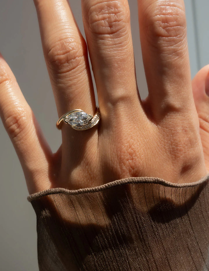 1.0CT-2.0CT Marquise E/VS Lab Grown Diamond Tension Style Pave Engagement Ring With Matching Curved Band