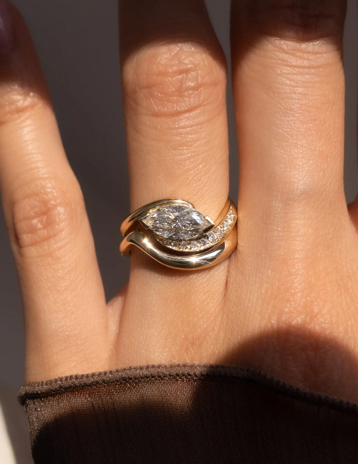 1.0CT-2.0CT Marquise E/VS Lab Grown Diamond Tension Style Pave Engagement Ring With Matching Curved Band