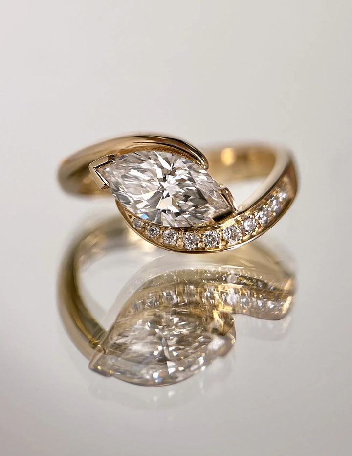 1.0CT-2.0CT Marquise E/VS CVD Diamond By Pass Pave Engagement Ring With Matching Curved Band