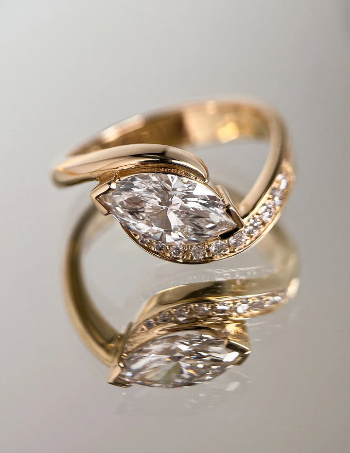 1.0CT-2.0CT Marquise E/VS CVD Diamond By Pass Pave Engagement Ring With Matching Curved Band