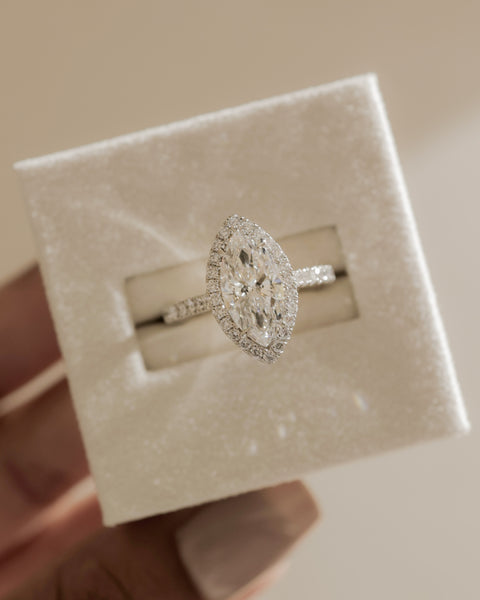 marquise cut halo cathedral engagement ring with pavé band USA