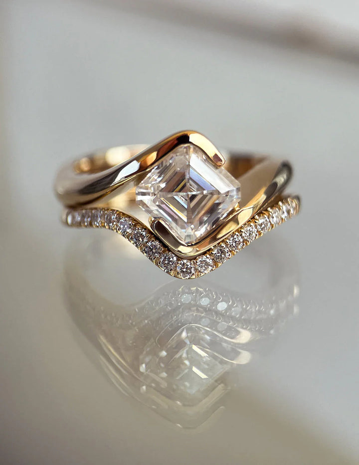 1.0CT-2.0CT Asscher E/VS Lab Grown Diamond By Pass Engagement Ring With Matching Pave Curved Band