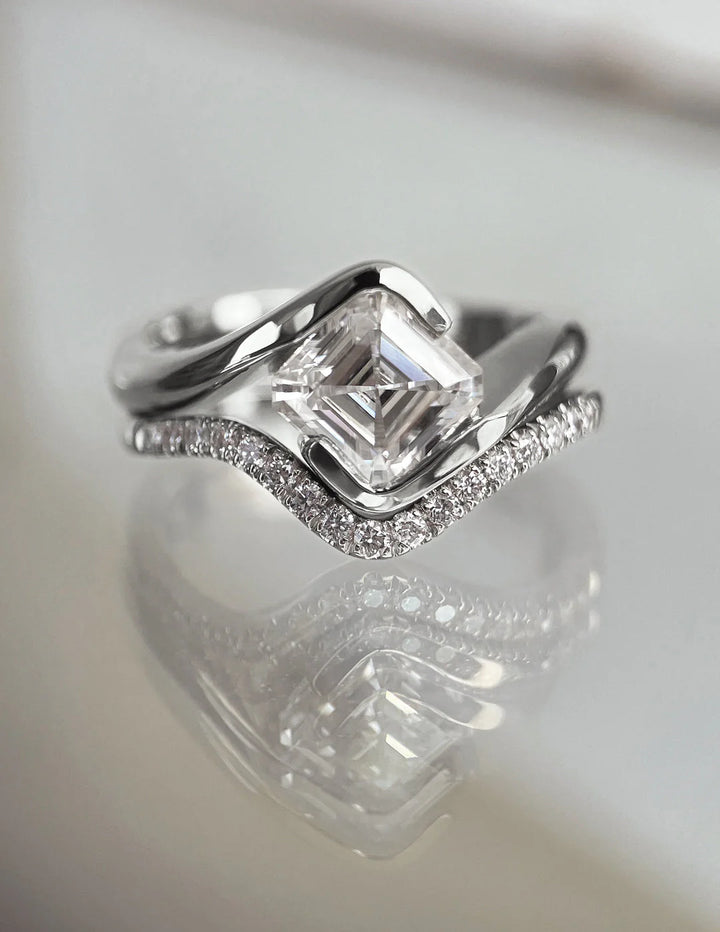 1.0CT-2.0CT Asscher E/VS Lab Grown Diamond By Pass Engagement Ring With Matching Pave Curved Band