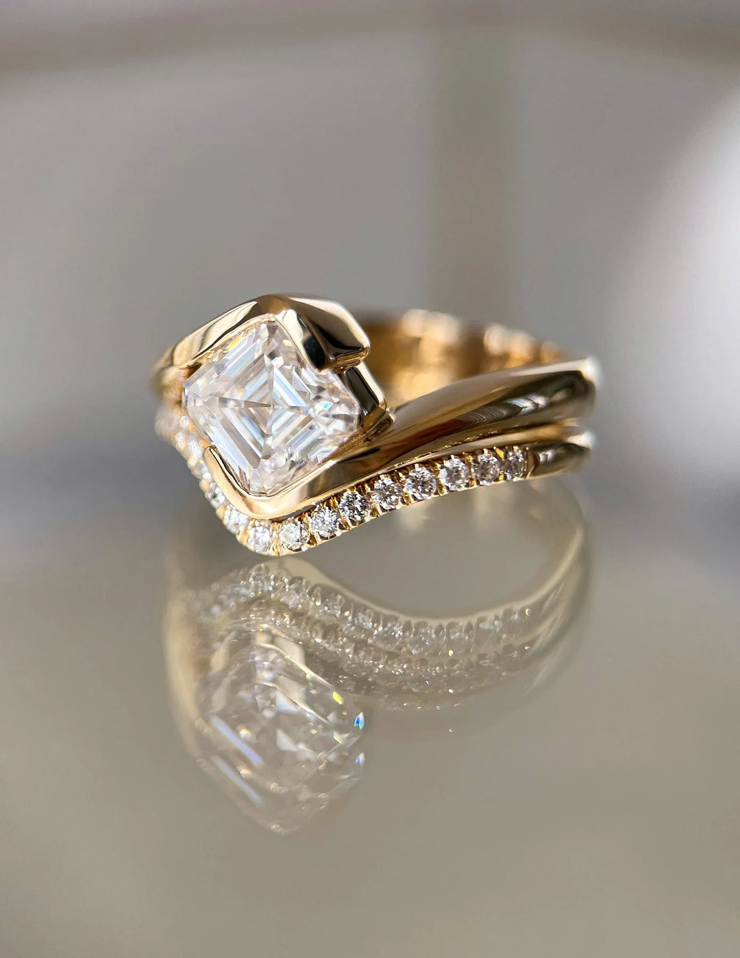 1.0CT-2.0CT Asscher E/VS Lab Grown Diamond By Pass Engagement Ring With Matching Pave Curved Band