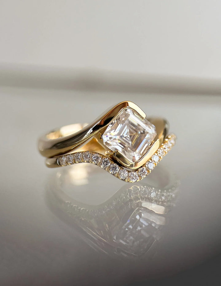 1.0CT-2.0CT Asscher E/VS Lab Grown Diamond By Pass Engagement Ring With Matching Pave Curved Band