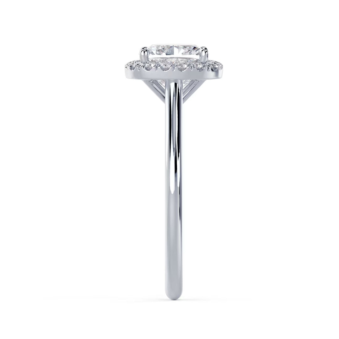 Modern cushion cut lab grown diamond halo solitaire engagement ring designed for contemporary bridal elegance