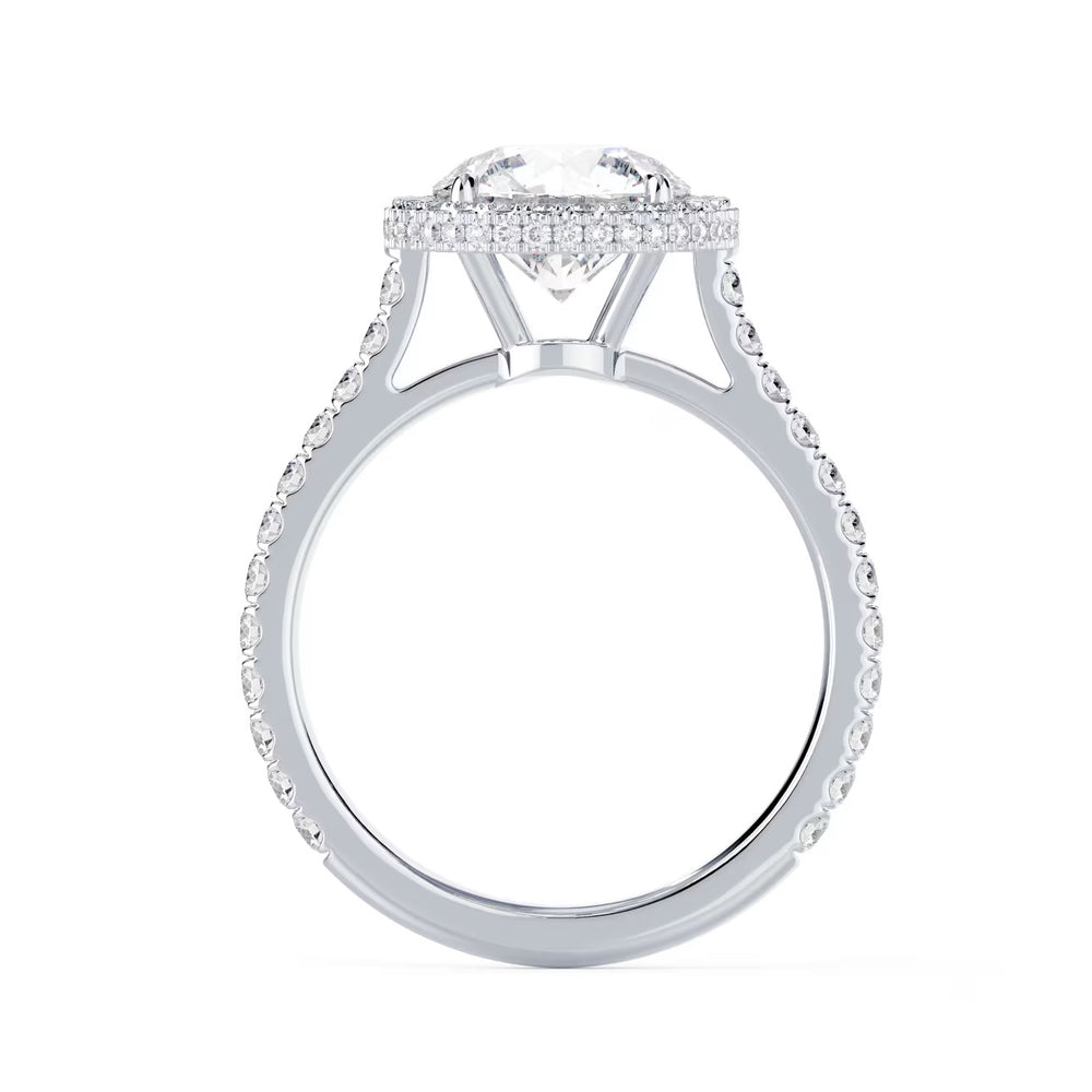 Modern round lab grown diamond double side halo pave engagement ring designed for contemporary bridal style