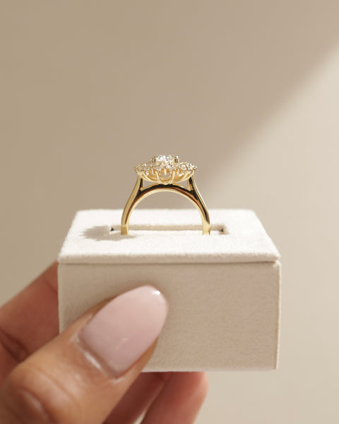 Modern oval lab diamond halo cluster engagement ring featuring surrounding accent stones and elegant symmetry