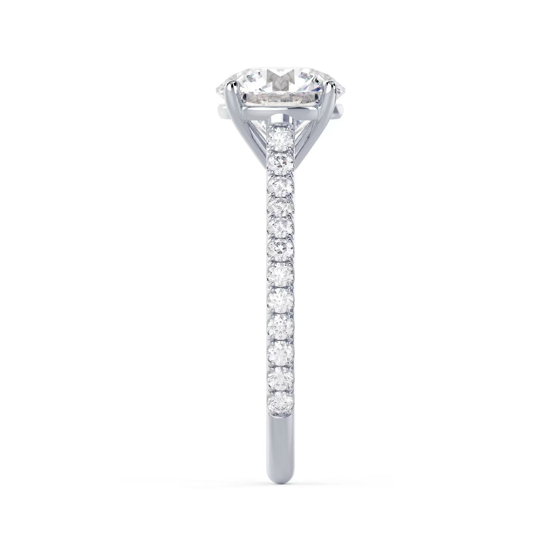 Modern round cut lab grown diamond cathedral pave engagement ring designed for classic and elegant bridal style