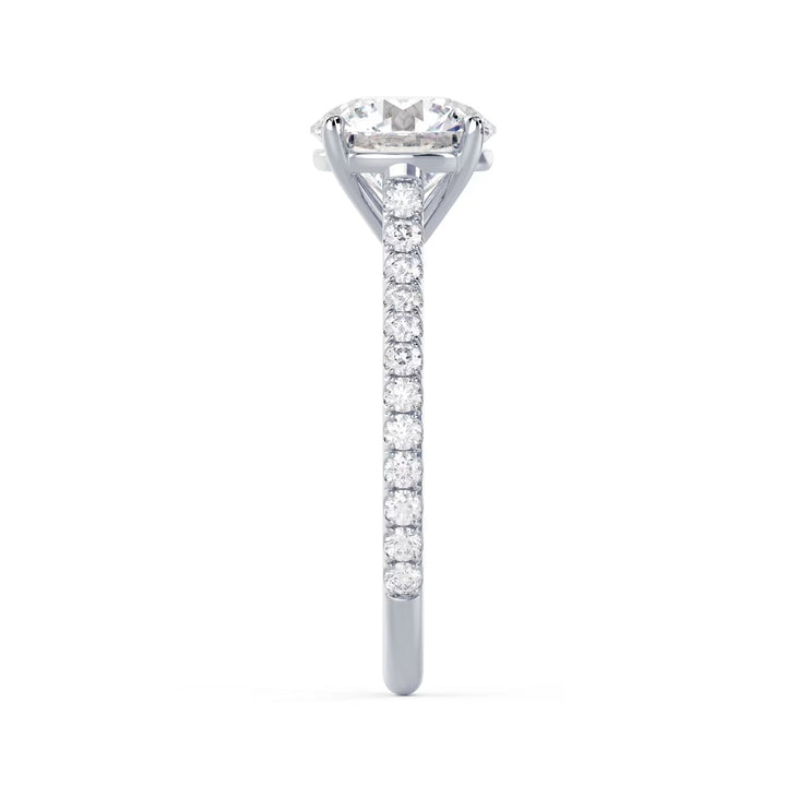 Modern round cut lab grown diamond cathedral pave engagement ring designed for classic and elegant bridal style