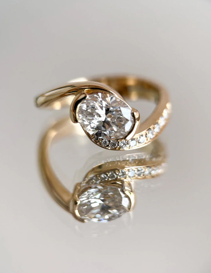 0.50CT-1.50CT Oval East West Lab Grown By Pass Pave Engagement Ring With Matching Curved Band