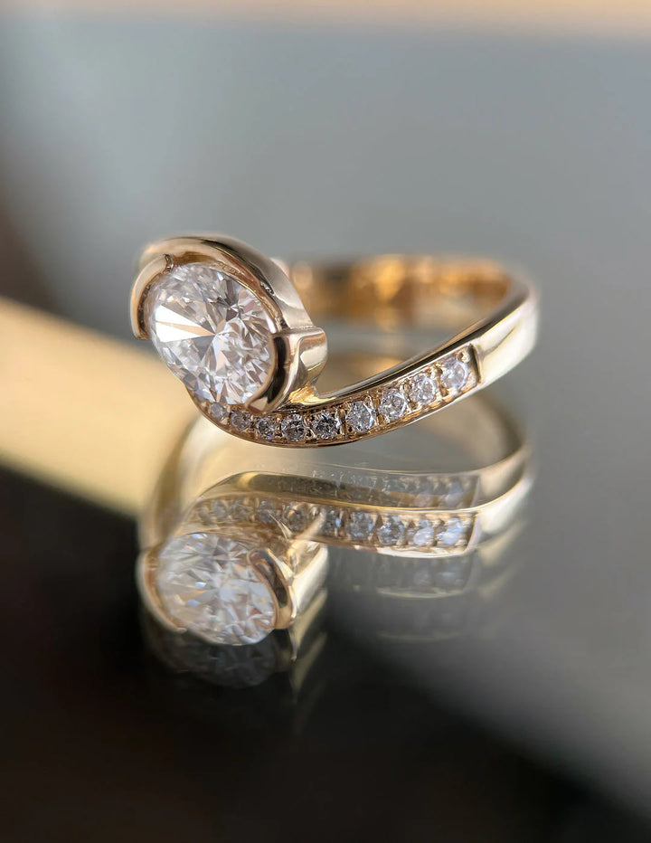 0.50CT-1.50CT Oval East West Lab Grown By Pass Pave Engagement Ring With Matching Curved Band