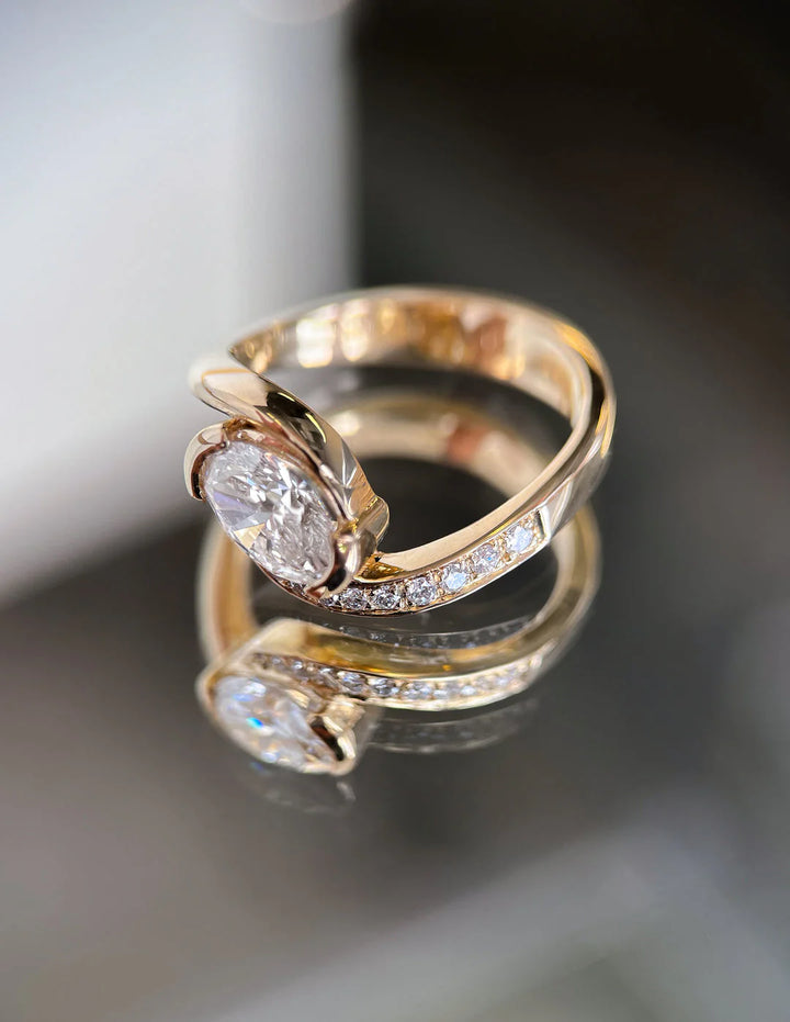 0.50CT-1.50CT Oval East West Lab Grown By Pass Pave Engagement Ring With Matching Curved Band