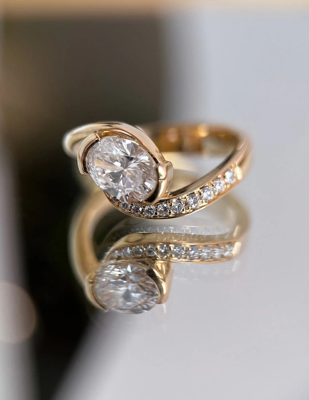 0.50CT-1.50CT Oval East West Lab Grown By Pass Pave Engagement Ring With Matching Curved Band