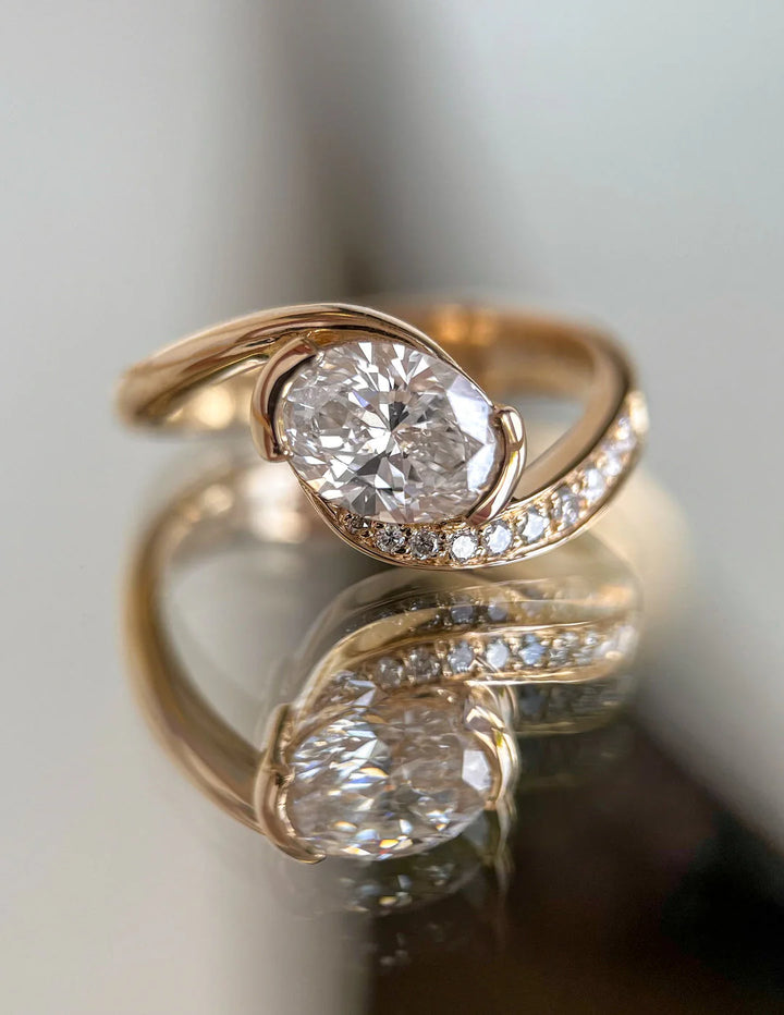 0.50CT-1.50CT Oval East West Lab Grown By Pass Pave Engagement Ring With Matching Curved Band