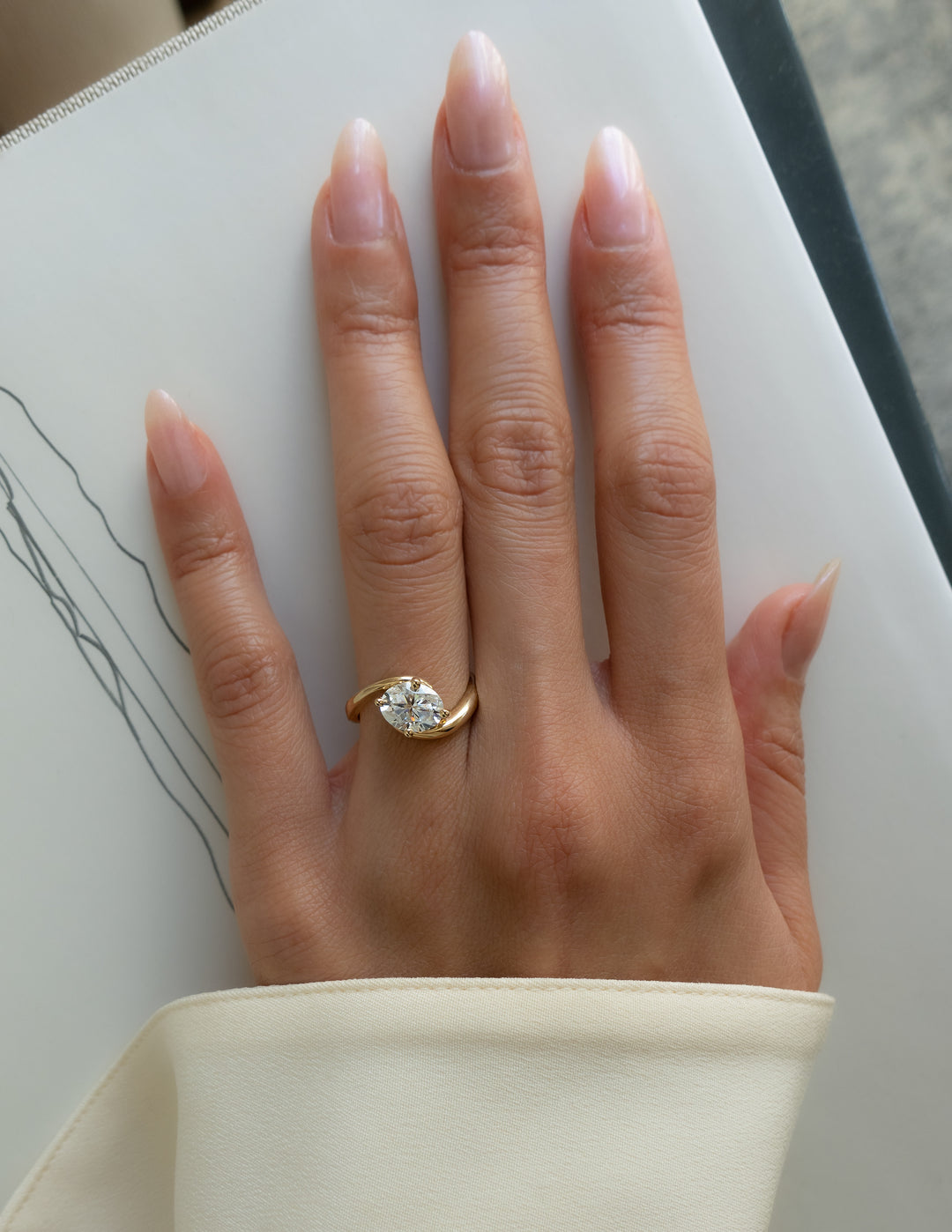 1.0CT-2.0CT Oval Cut Lab Grown Diamond Unique Bypass Engagement Ring
