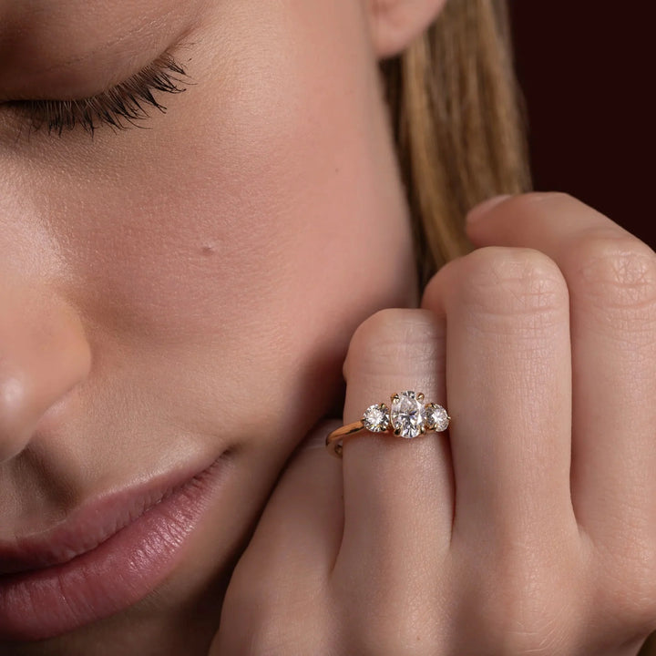elegant oval trilogy engagement ring lab grown diamond USA