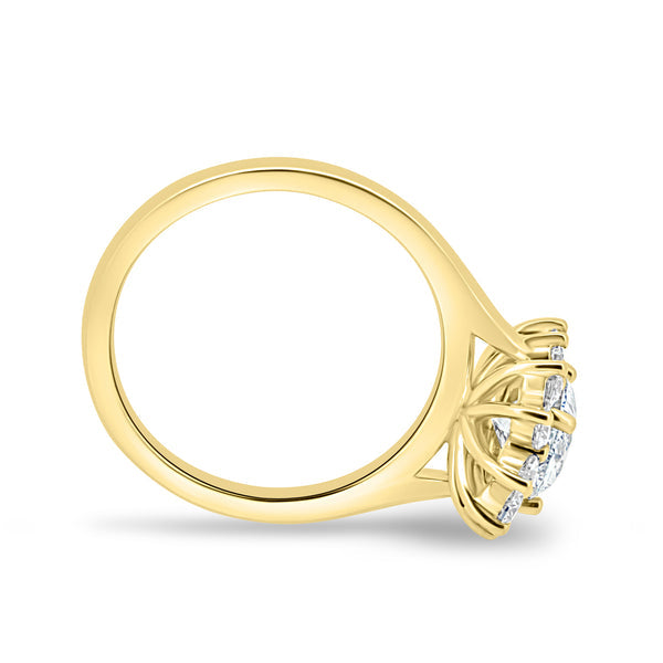 Close-up of oval lab grown diamond halo cathedral engagement ring showing elevated setting and surrounding halo stones