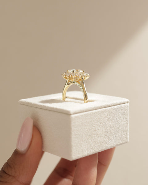 Detailed view of oval E VS1 lab grown diamond halo cluster engagement ring showing sparkle and structured design