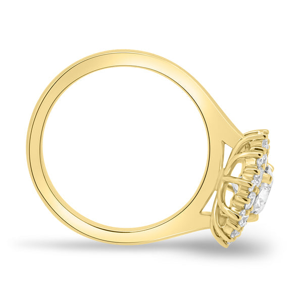 Close-up of oval lab grown diamond halo cluster engagement ring showing surrounding accent stones and center oval diamond